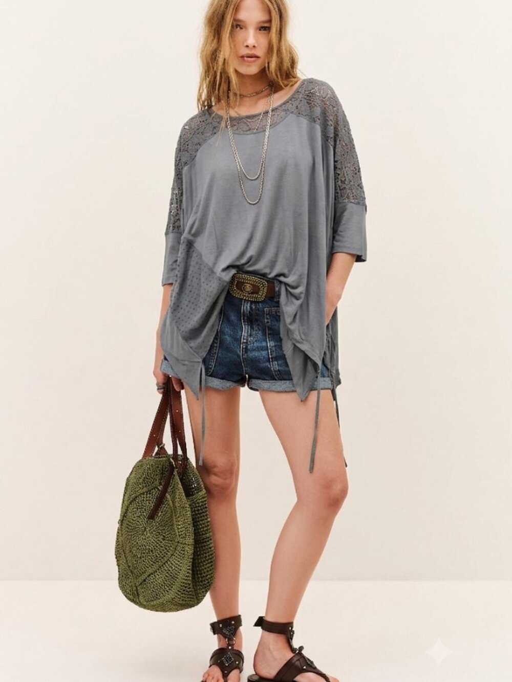 Gold Hawk Grey Silk, Lace, and Bamboo Top Size L NWT